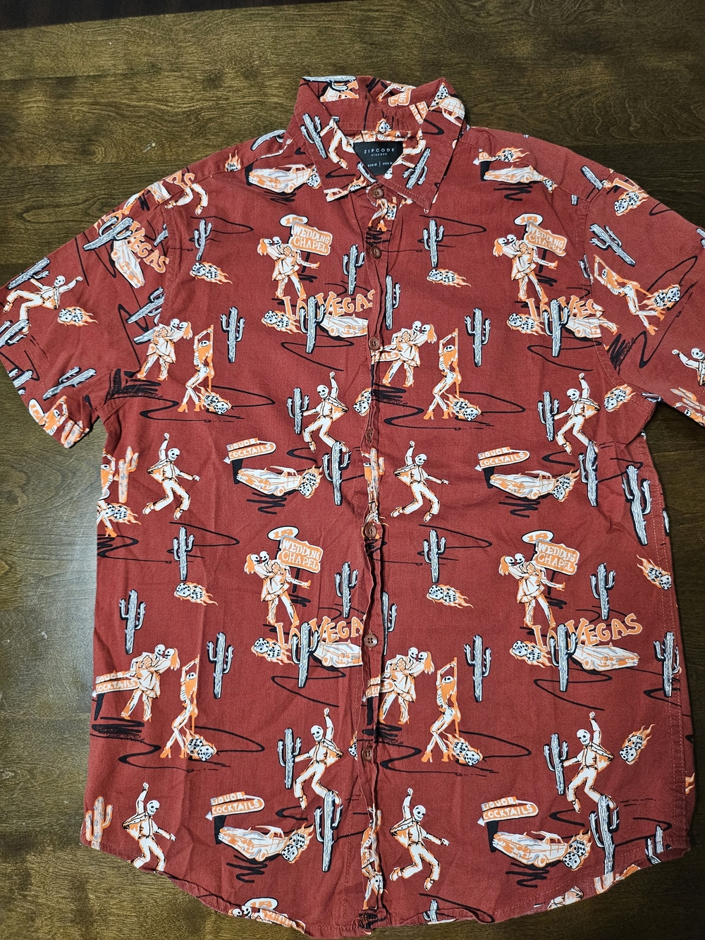 Mens Las Vegas Skeleton Print Short Sleeve Camp Shirt - Red Medium